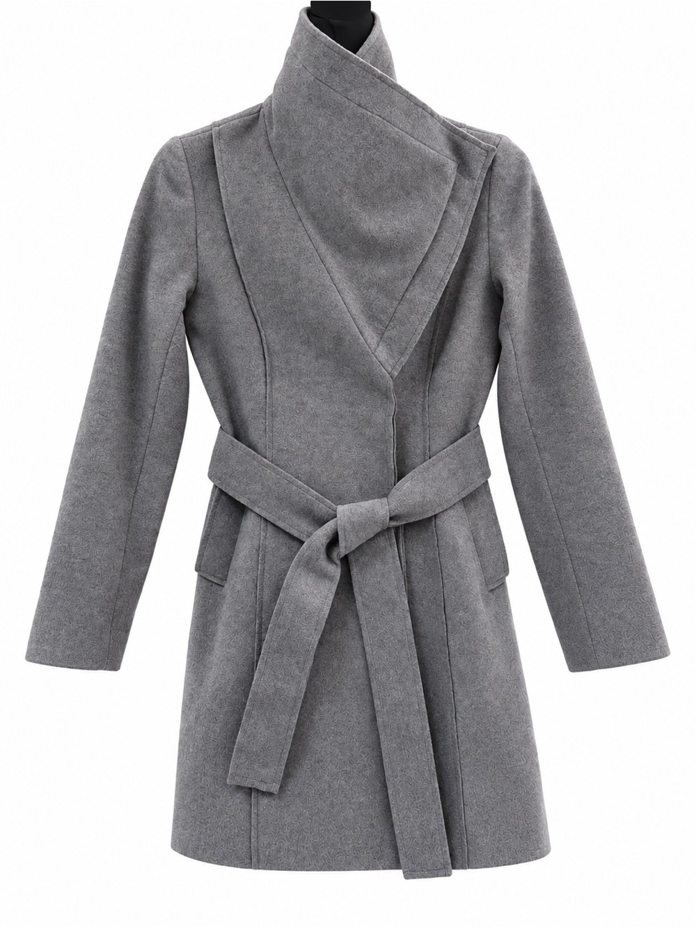 Funnel Neck Gray Felt Wrap Belted Coat